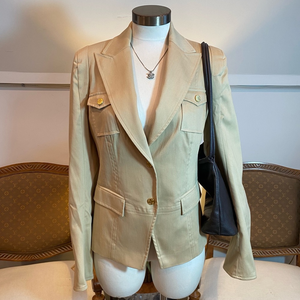 Vintage 90s Chic Tan Blazer Jacket Front Pockets Cotton-Blend Convertible Sleeve